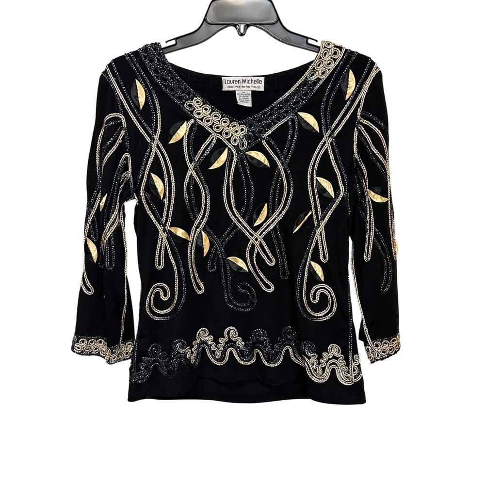 Vintage Lauren Michelle Beaded Sequin Top Black Gold Silver Metallic Y2K Medium